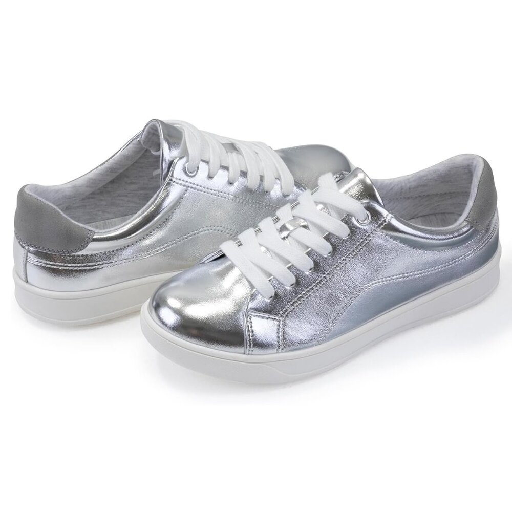 Milocaca PU Leather Silver Sneakers Walking Shoes Sz 6.5 NEW!